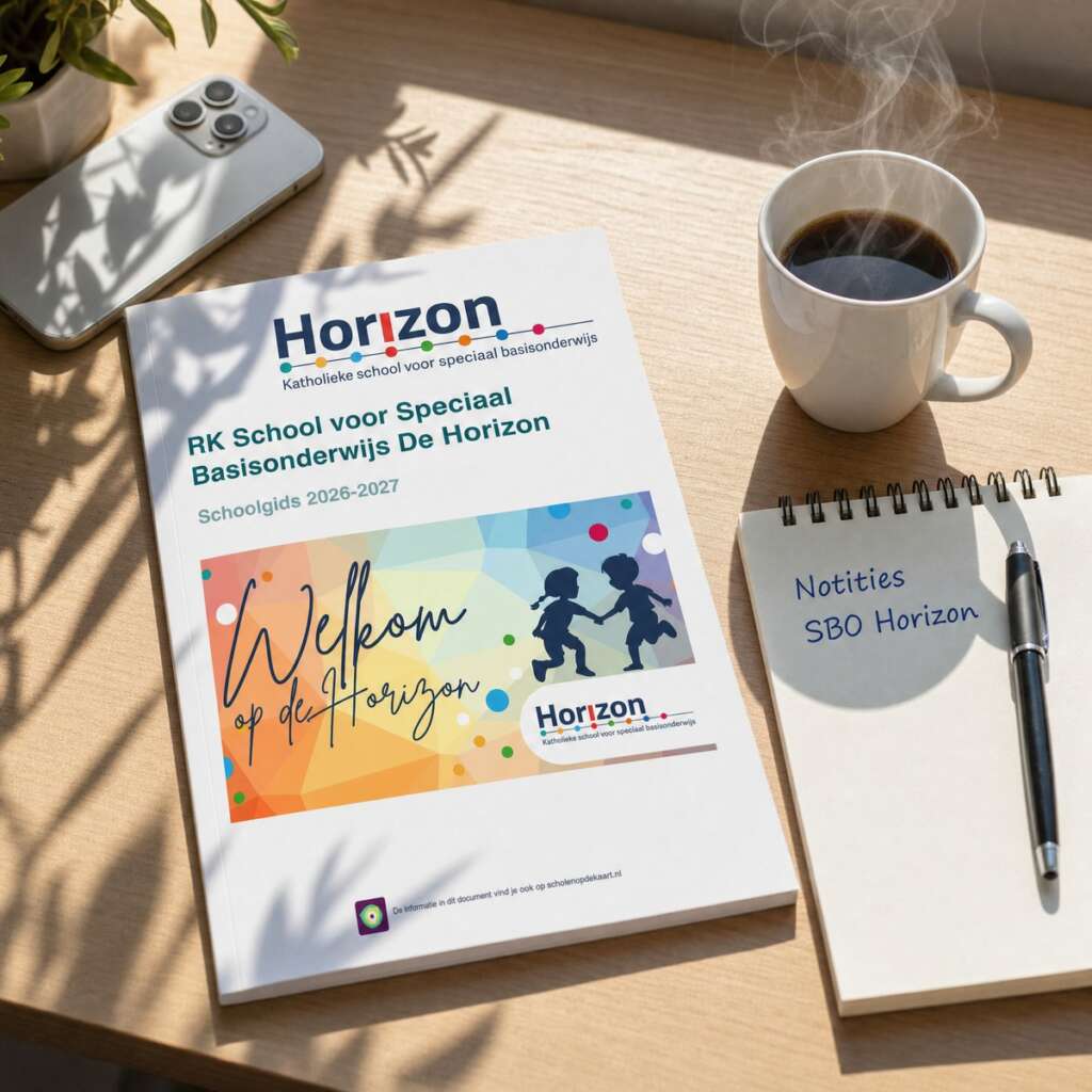 Schoolgids 2026-2027 van SBO De Horizon op een tafel met koffie en iPhone